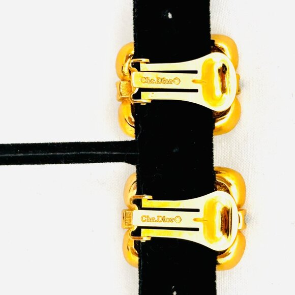 Vintage Christian Dior Gold Tone Faceted Rhinestone/Black Enamel Clip Earrings - Picture 5 of 9